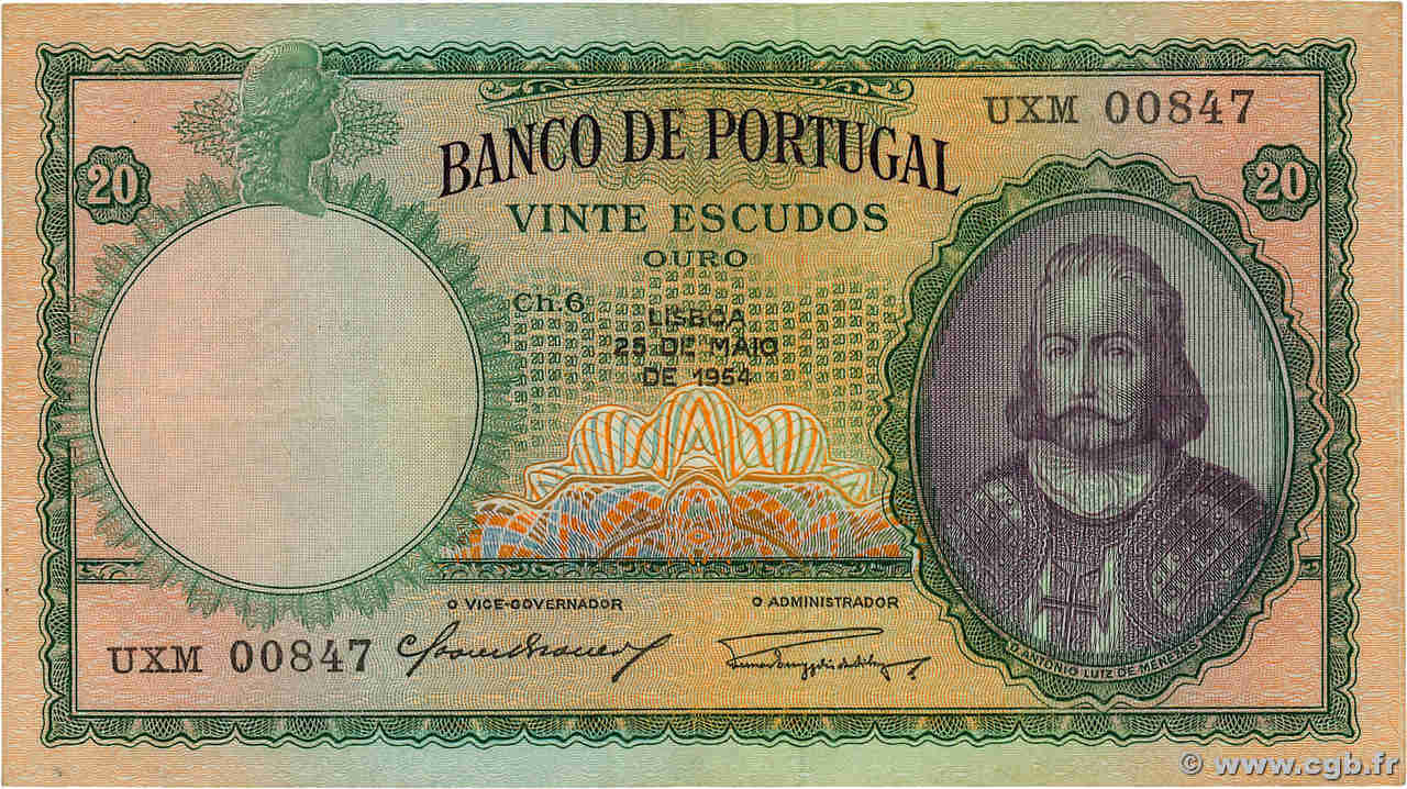 20 Escudos PORTOGALLO  1954 P.153 q.BB