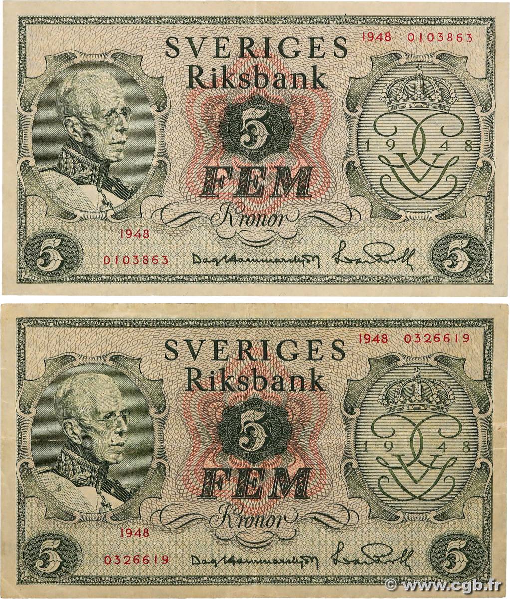 5 Kronor Lot SUÈDE  1948 P.41a SUP