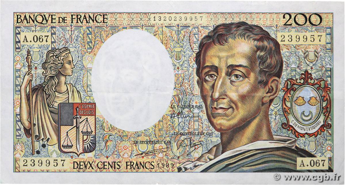 200 Francs MONTESQUIEU FRANCE  1989 F.70.09 VF+