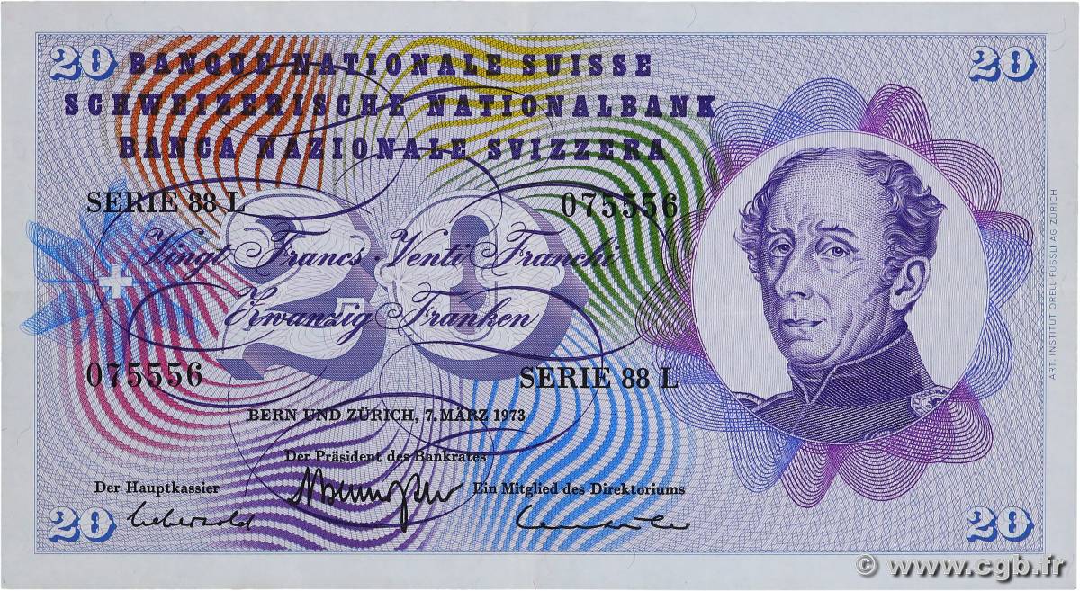 20 Francs SUISSE  1973 P.46u TTB+