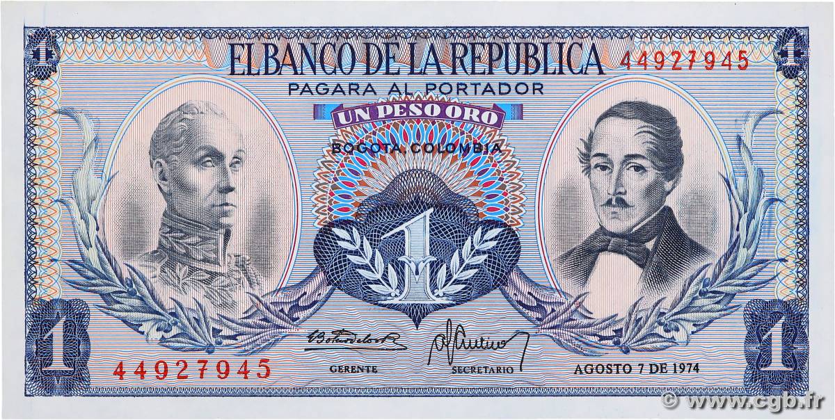 1 Peso Oro COLOMBIA  1974 P.404e SC+