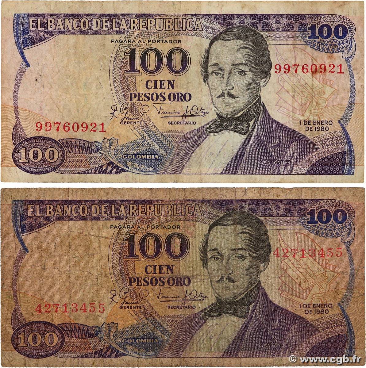 100 Pesos Oro Lot COLOMBIE  1980 P.418c B+