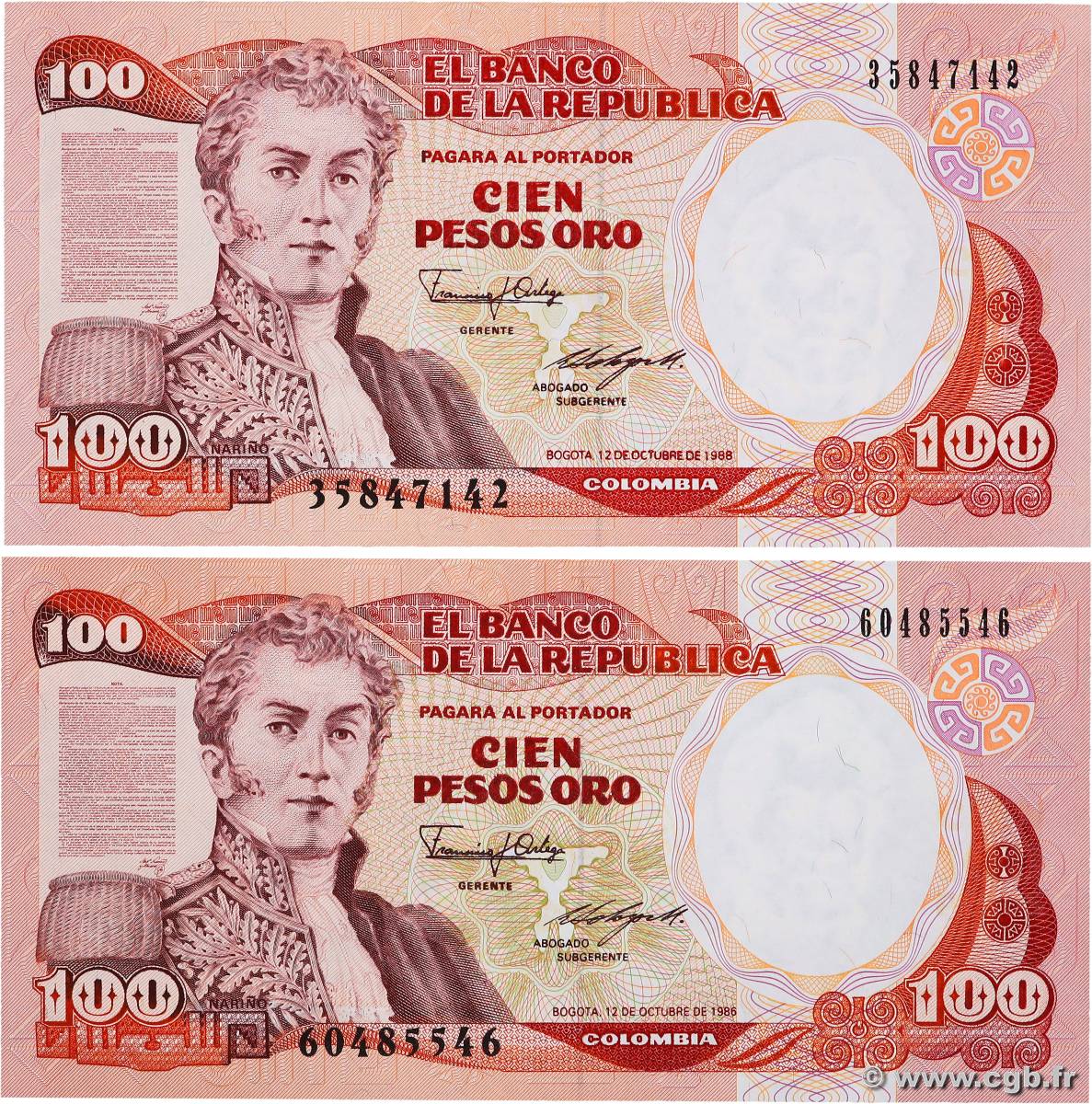 100 Pesos Oro Lot COLOMBIA  1988 P.426c UNC