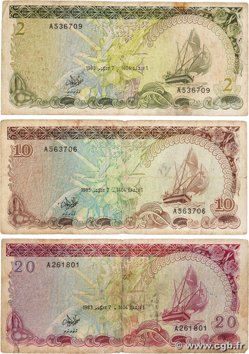 2, 10 et 20 Rufiyaa Lot MALDIVES  1983 P.09a, P.11a et P.12a B