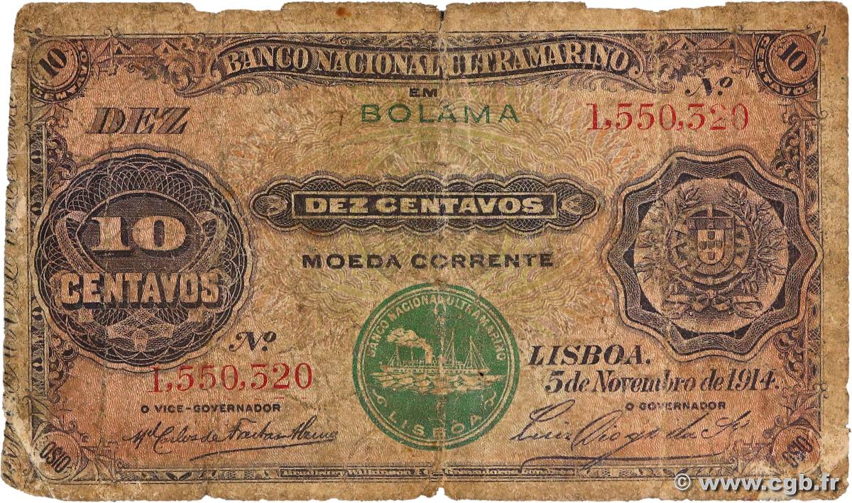 10 Centavos GUINÉE PORTUGAISE Bolama 1914 P.006 AB