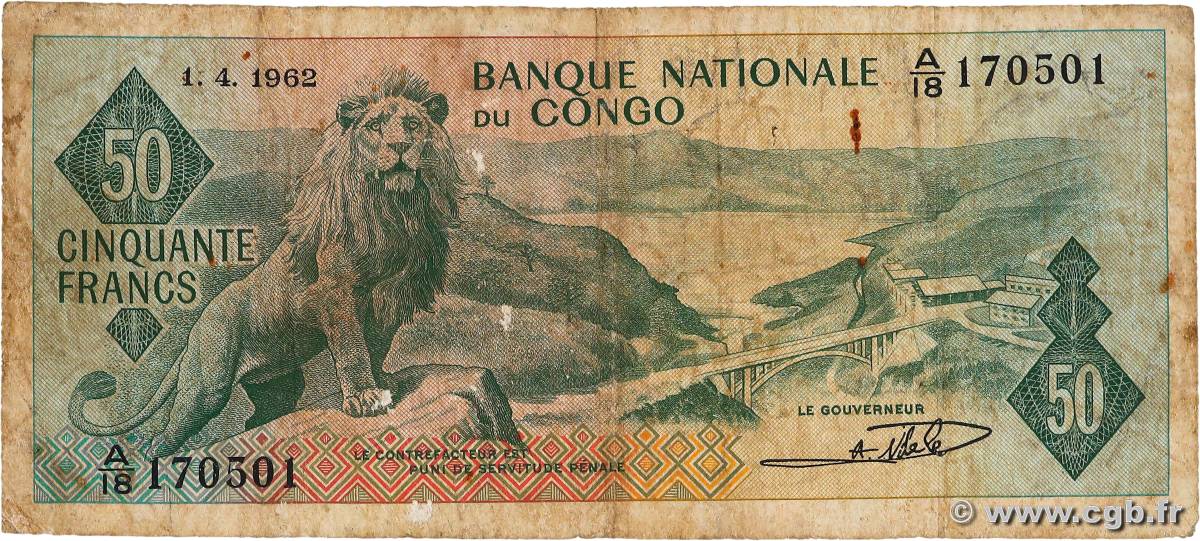 50 Francs CONGO, DEMOCRATIC REPUBLIC  1962 P.005a F-