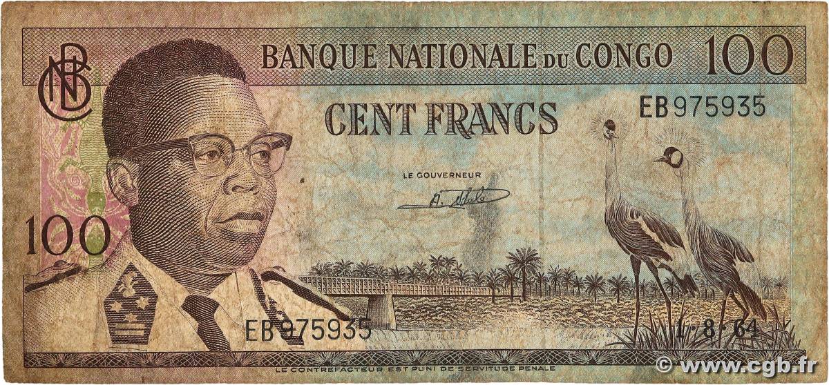 100 Francs RÉPUBLIQUE DÉMOCRATIQUE DU CONGO  1962 P.006a B