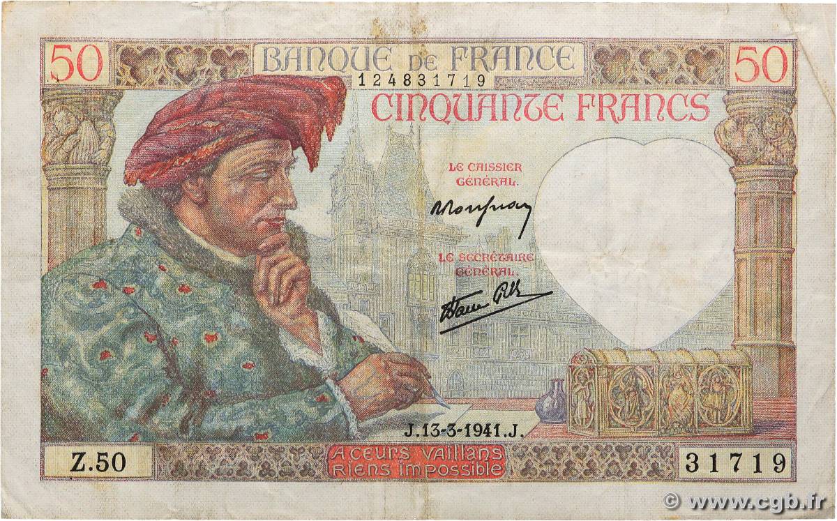 50 Francs JACQUES CŒUR FRANCE  1941 F.19.07 pr.TTB