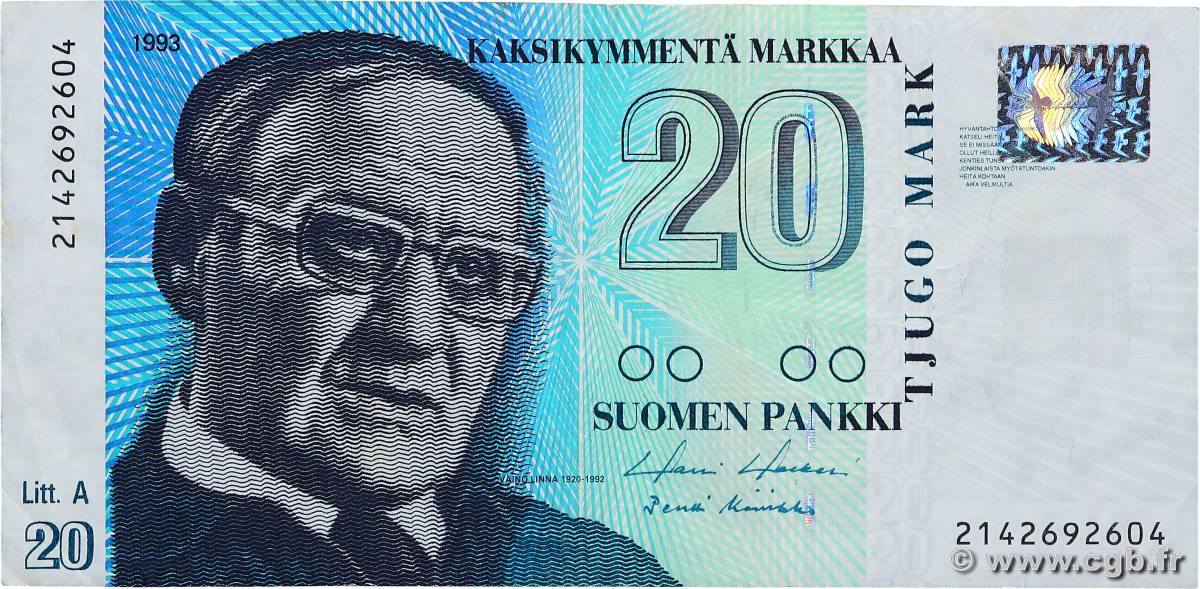 20 Markkaa FINLANDE  1993 P.123 TTB