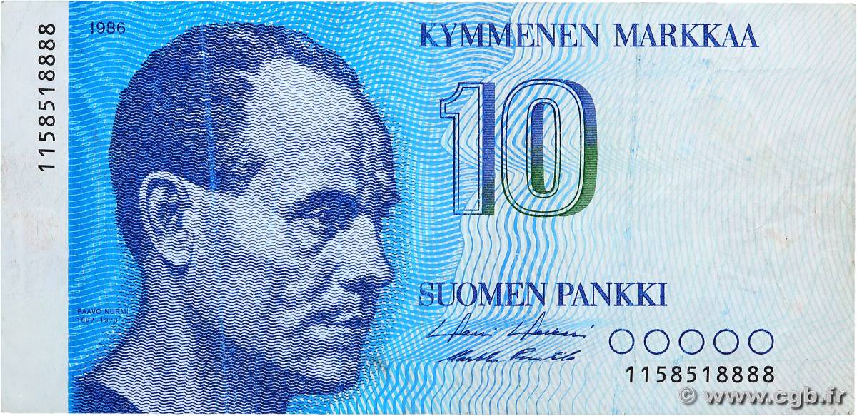 10 Markkaa FINLAND  1986 P.113 VF