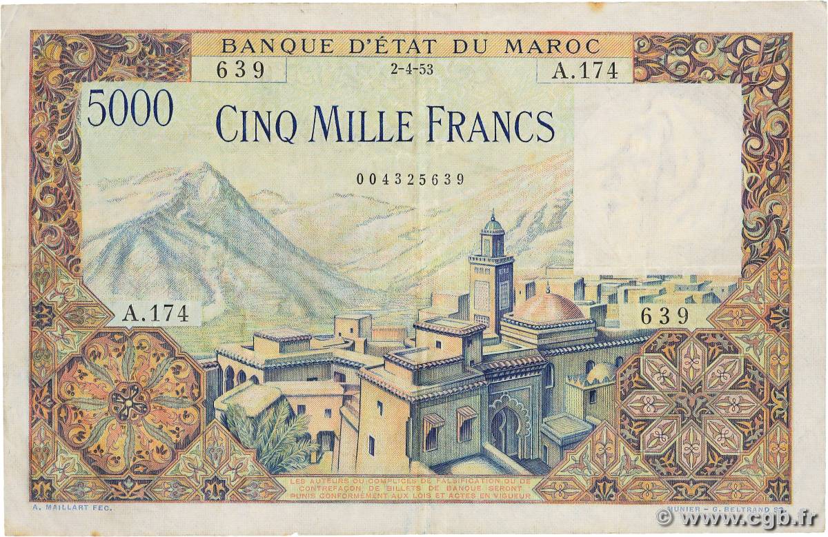 5000 Francs MOROCCO  1953 P.49 F+