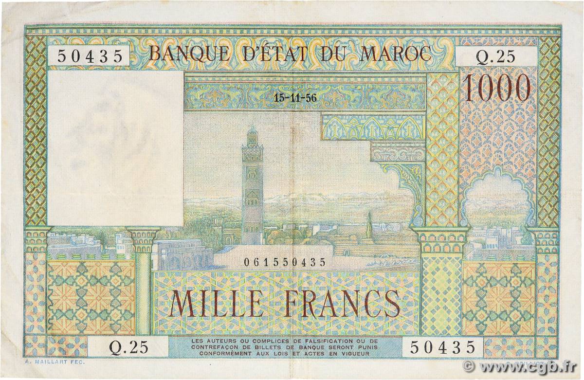 1000 Francs MOROCCO  1956 P.47 VF