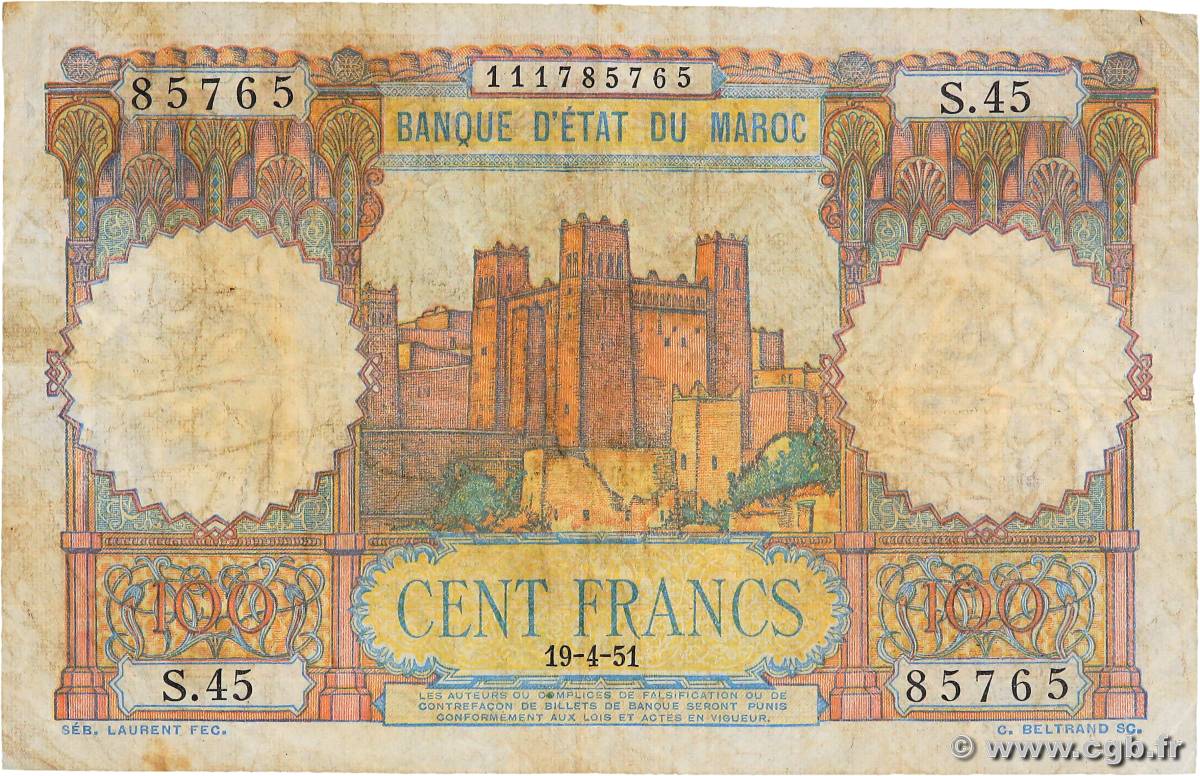 100 Francs MOROCCO  1951 P.45 F