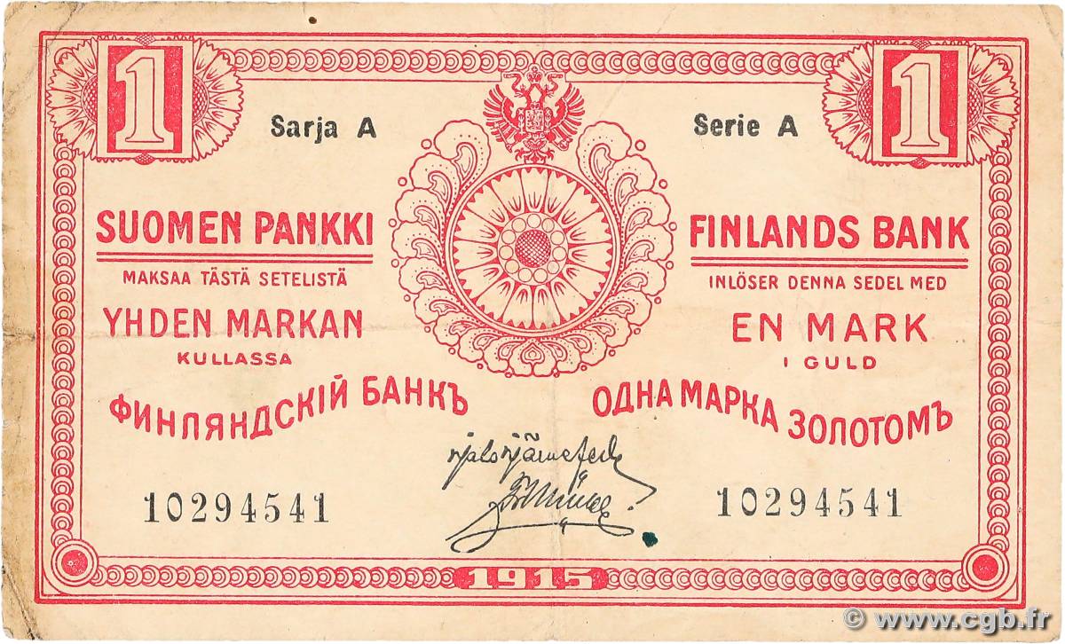 1 Markka FINLAND  1915 P.016b F+