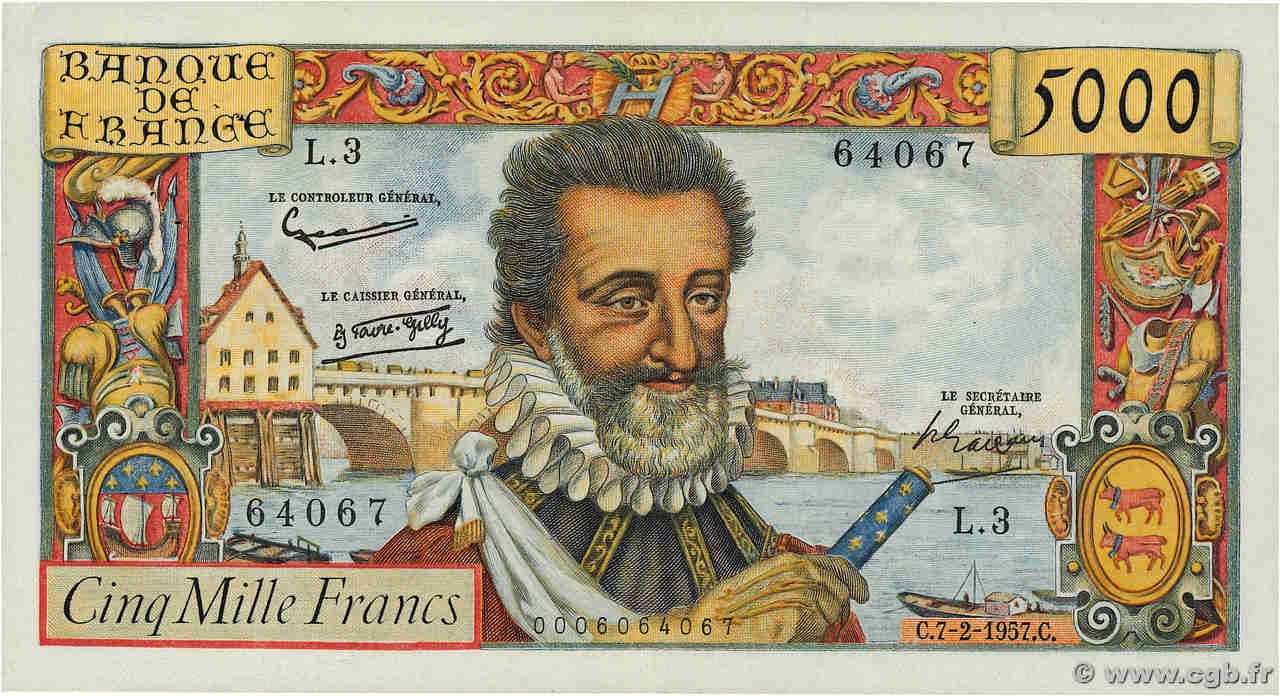 5000 Francs HENRI IV FRANCE  1957 F.49.01 pr.SUP