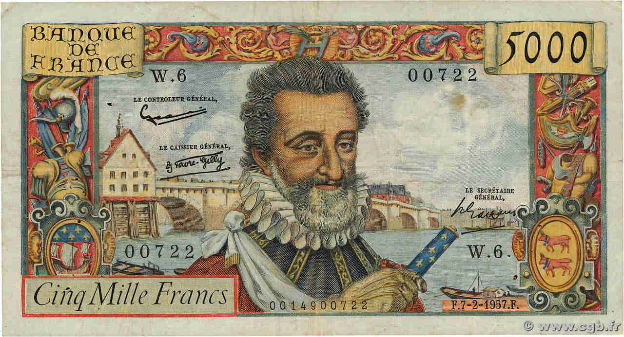 5000 Francs HENRI IV FRANKREICH  1957 F.49.01 fSS