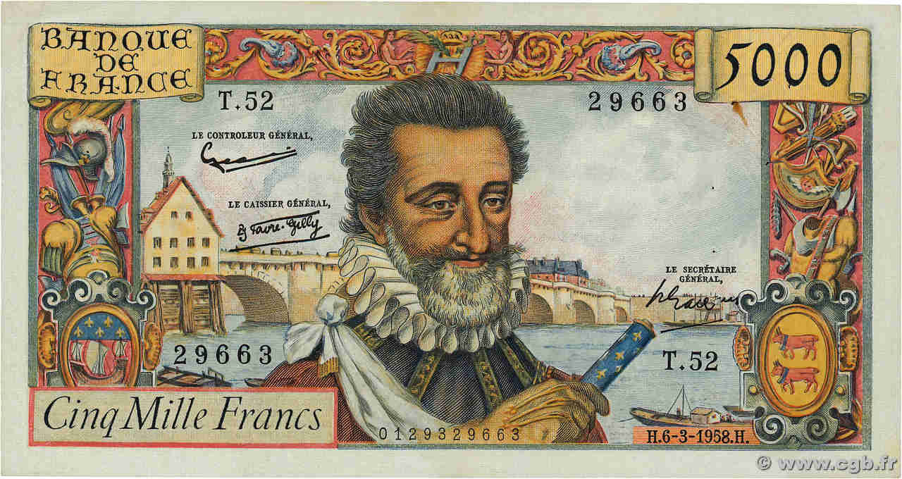 5000 Francs HENRI IV FRANCE  1958 F.49.06 pr.SUP