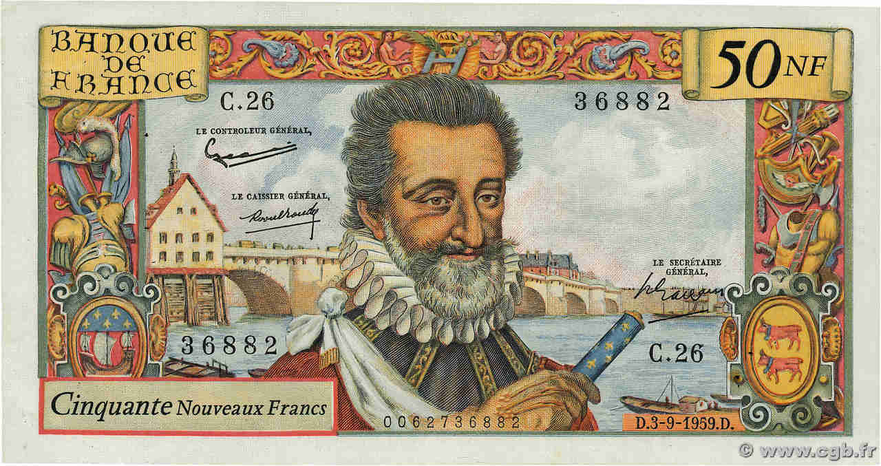 50 Nouveaux Francs HENRI IV FRANCE  1959 F.58.03 XF-