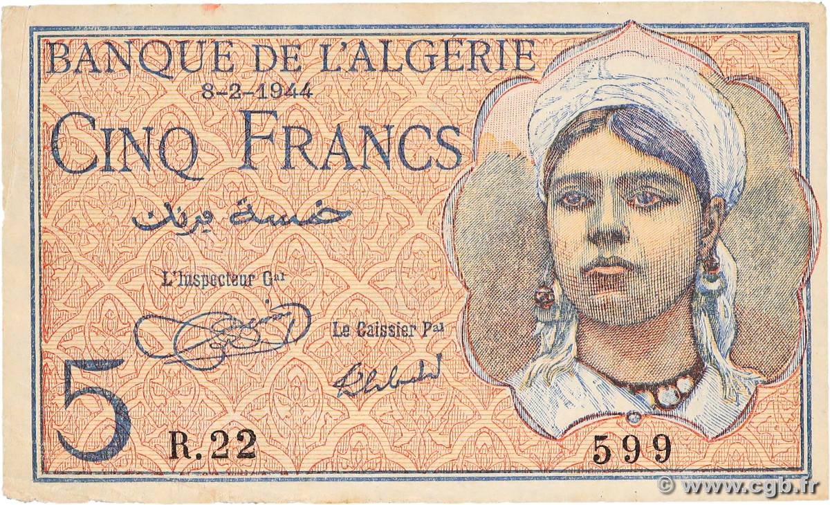 5 Francs ALGERIA  1944 P.094a XF-