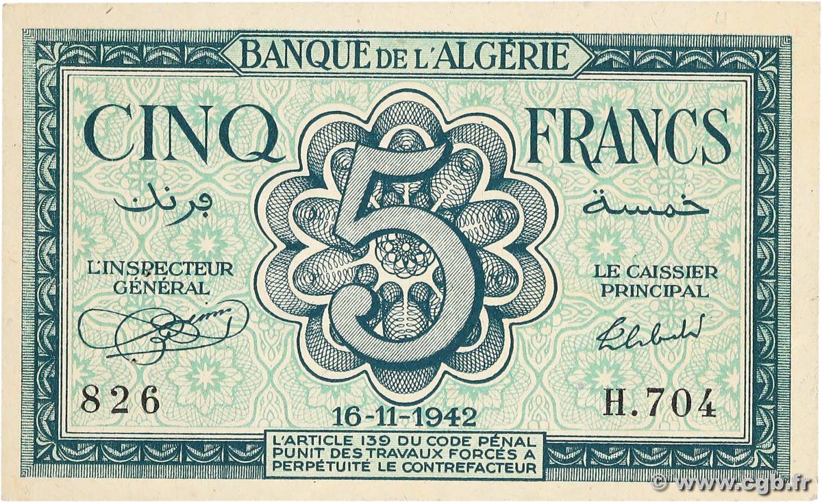 5 Francs ALGERIA  1942 P.091 AU-