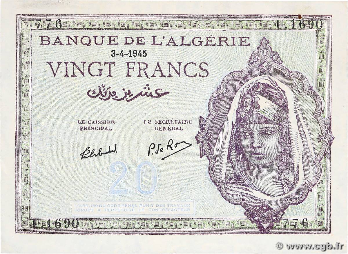 20 Francs ALGERIA  1945 P.092b XF+