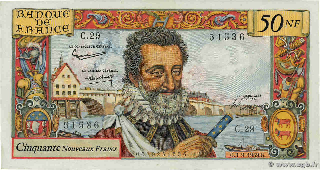 50 Nouveaux Francs HENRI IV FRANCE  1959 F.58.03 VF+