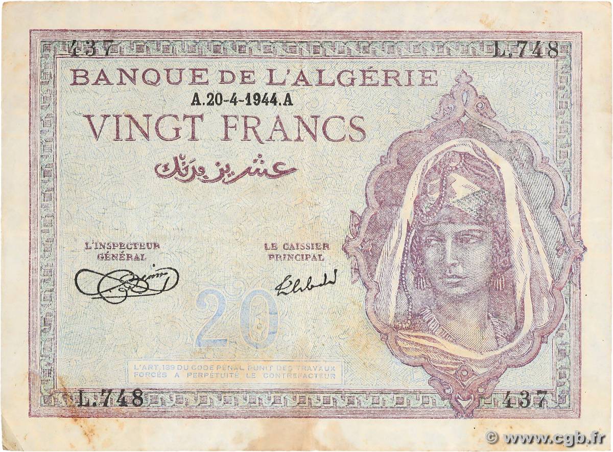 20 Francs ALGERIA  1944 P.092a VF+