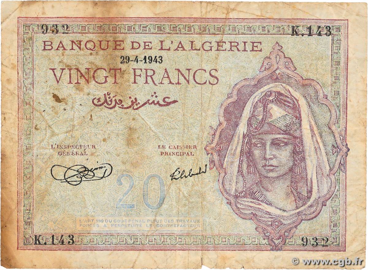 20 Francs ALGERIA  1943 P.092a G