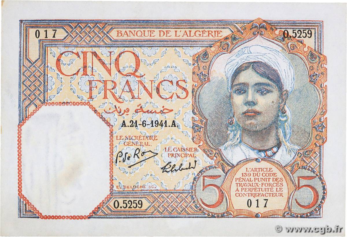 5 Francs ALGERIA  1941 P.077b XF+