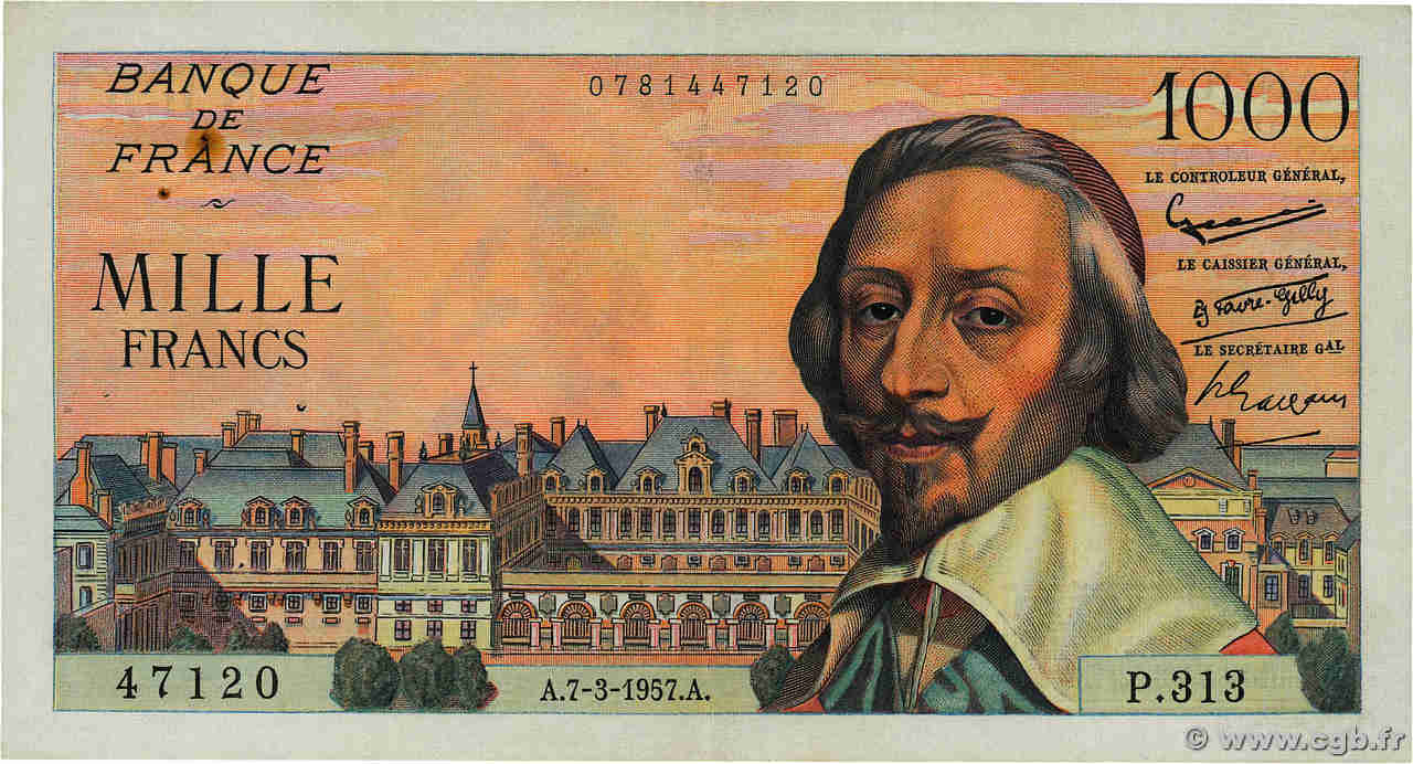 1000 Francs RICHELIEU FRANCE  1957 F.42.25 VF+