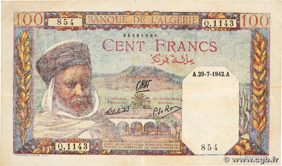 100 Francs ALGERIA  1942 P.088 F