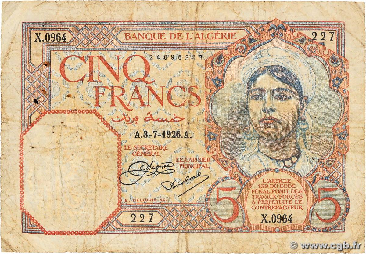 5 Francs ALGERIA  1926 P.077a G