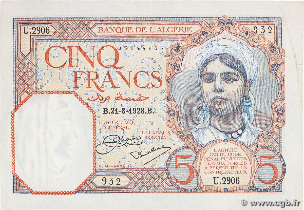 5 Francs ALGERIA  1928 P.077a VF+