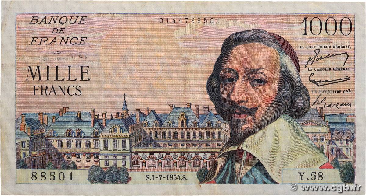 1000 Francs RICHELIEU FRANCIA  1954 F.42.06 BC+