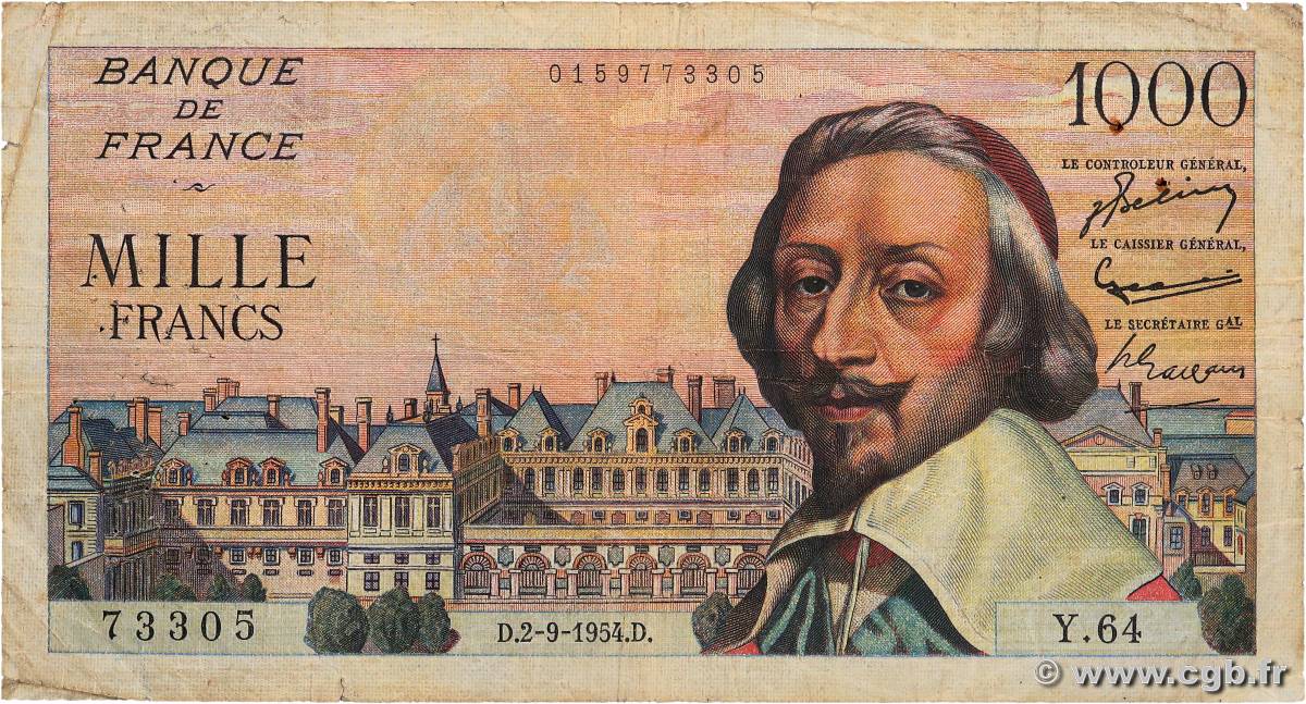 1000 Francs RICHELIEU FRANCE  1954 F.42.07 B