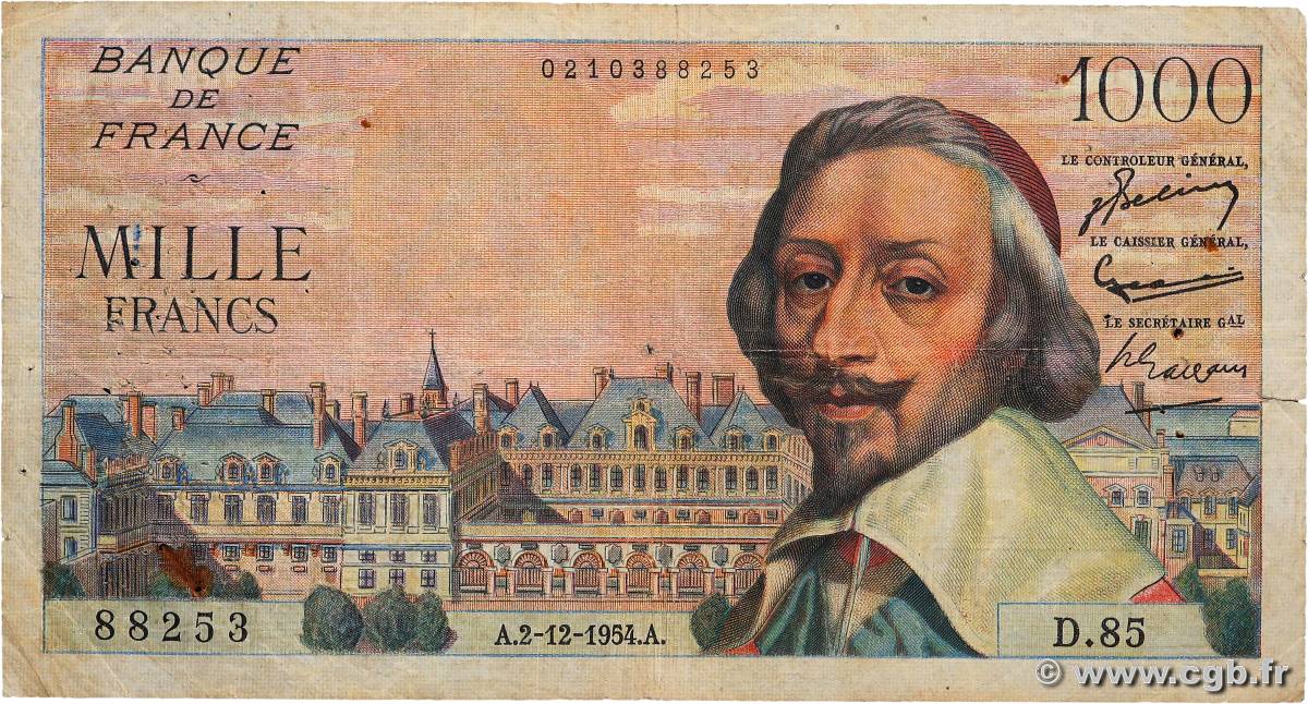 1000 Francs RICHELIEU FRANCE  1954 F.42.09 B+