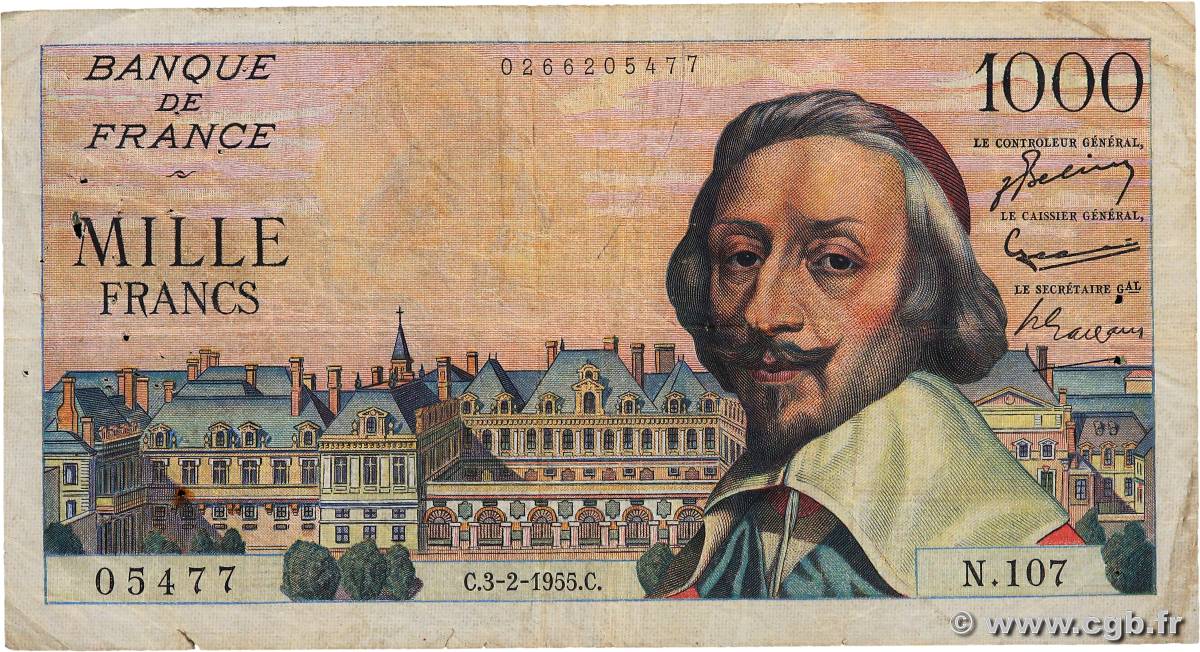 1000 Francs RICHELIEU FRANCE  1955 F.42.10 B+