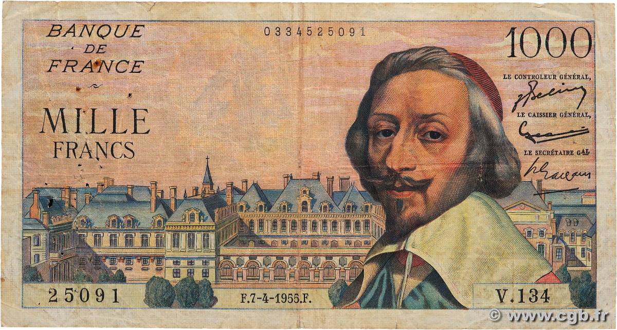 1000 Francs RICHELIEU FRANCE  1955 F.42.12 B+