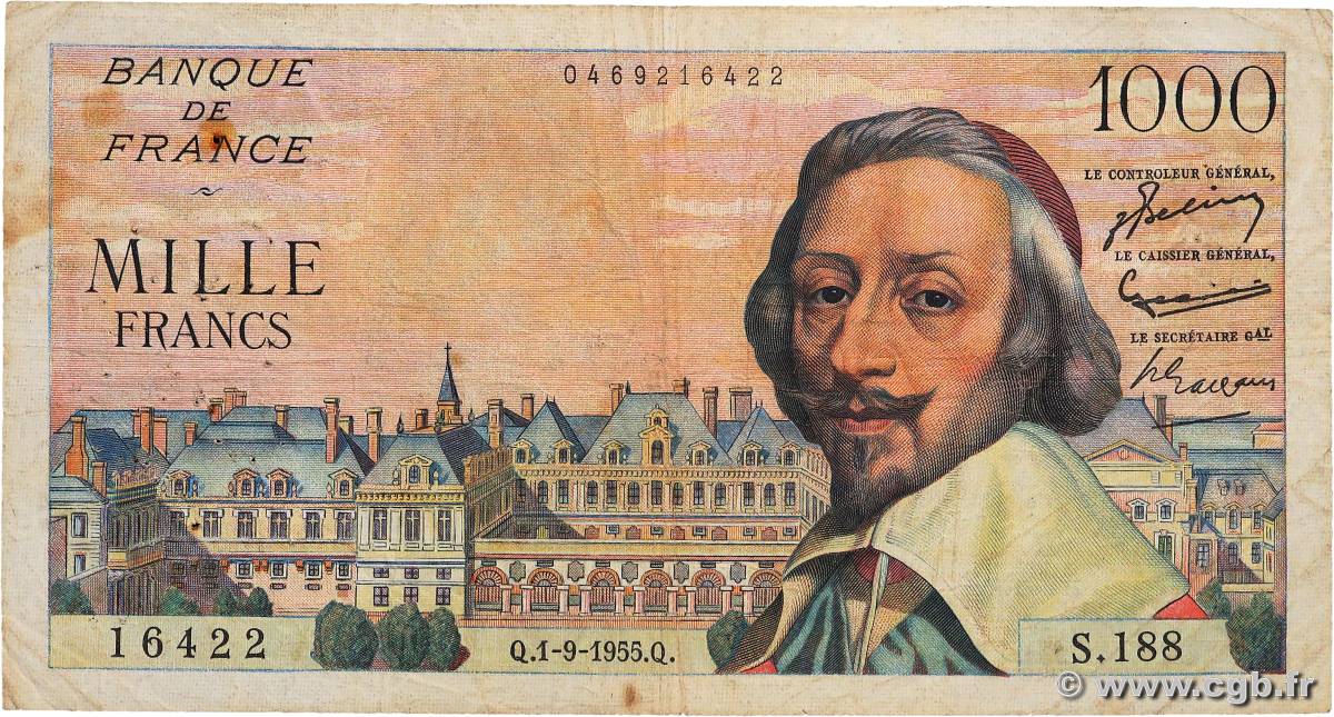 1000 Francs RICHELIEU FRANCE  1955 F.42.15 pr.TB