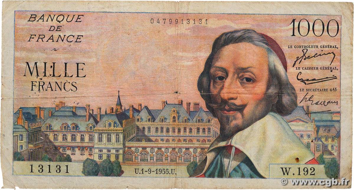 1000 Francs RICHELIEU Numéro radar FRANCE  1955 F.42.15 G