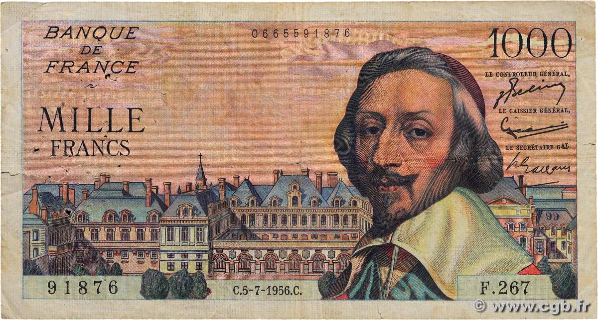 1000 Francs RICHELIEU FRANCE  1956 F.42.21 VG