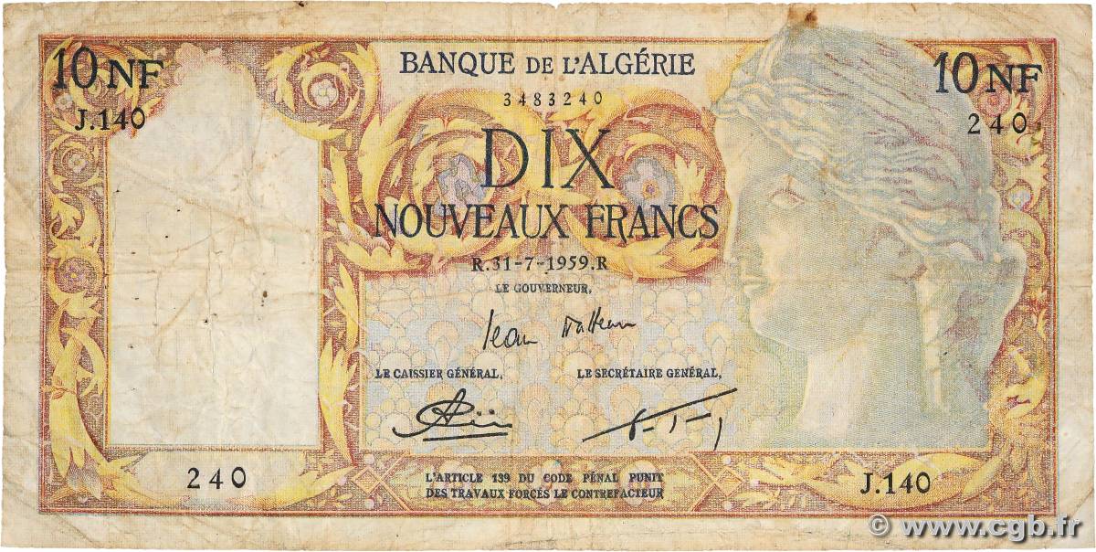 10 Nouveaux Francs ALGERIA  1959 P.119a B