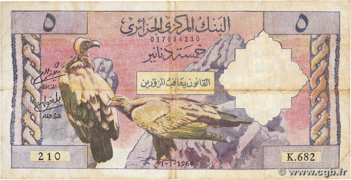 5 Dinars ALGERIA  1964 P.122a F-