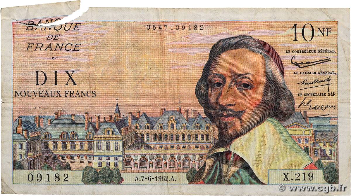 10 Nouveaux Francs RICHELIEU FRANCIA  1962 F.57.19 RC+