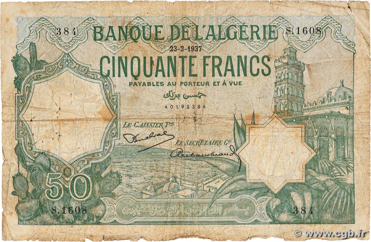 50 Francs ALGERIA  1937 P.080 G