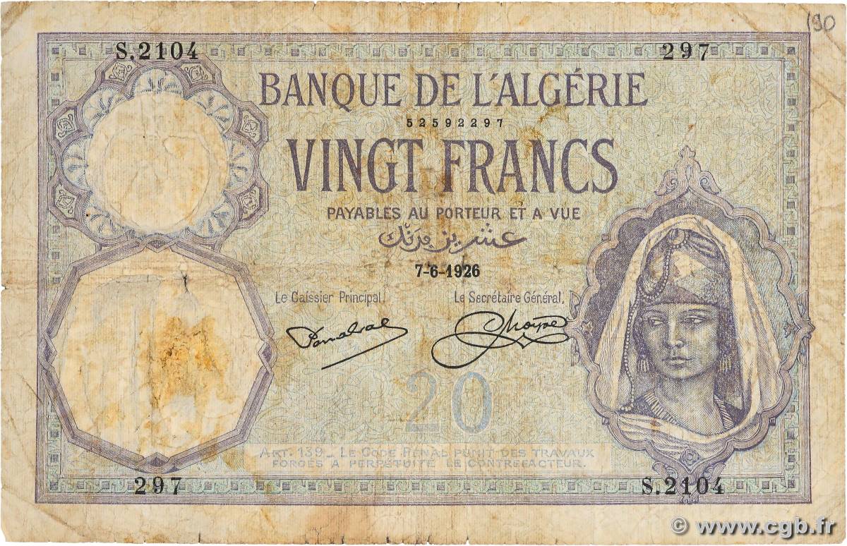 20 Francs ALGERIA  1926 P.078b G