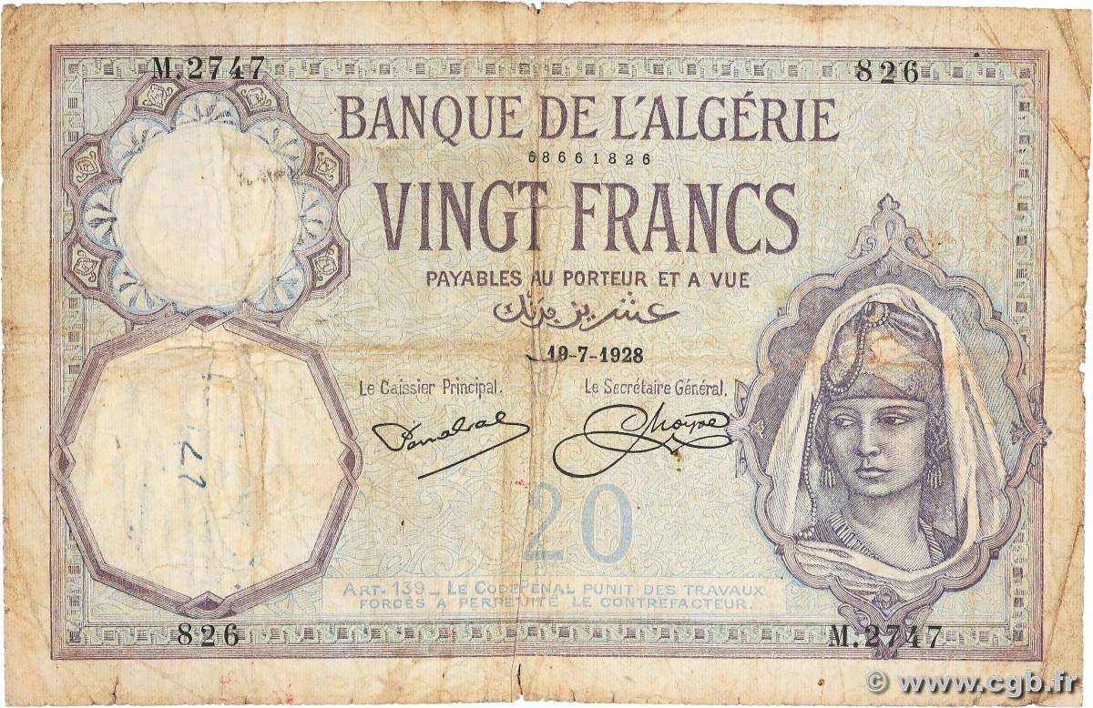 20 Francs ALGERIA  1928 P.078b G