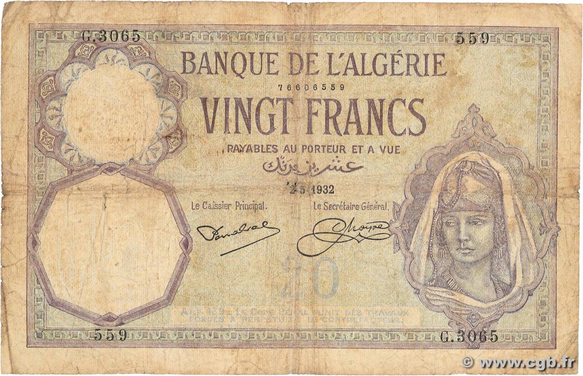 20 Francs ALGERIA  1932 P.078b G