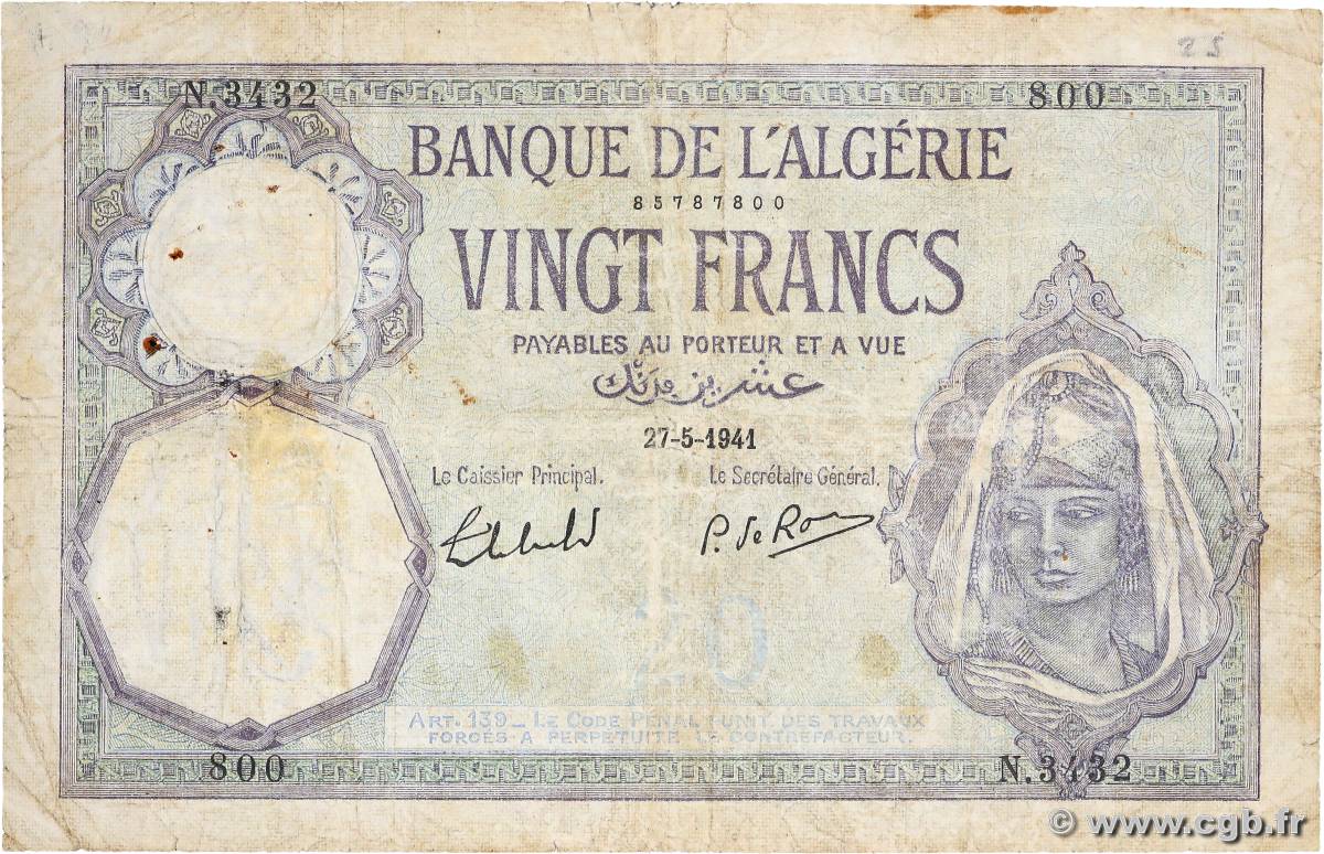 20 Francs ALGERIA  1941 P.078c G