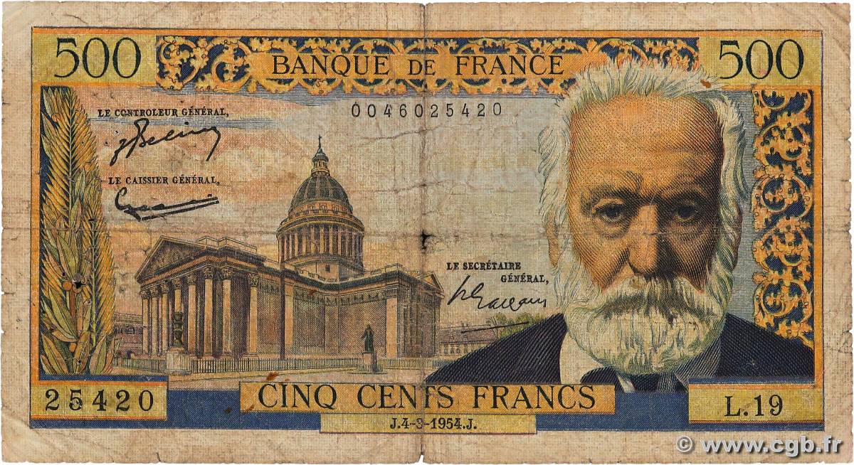 500 Francs VICTOR HUGO FRANCE  1954 F.35.02 pr.B